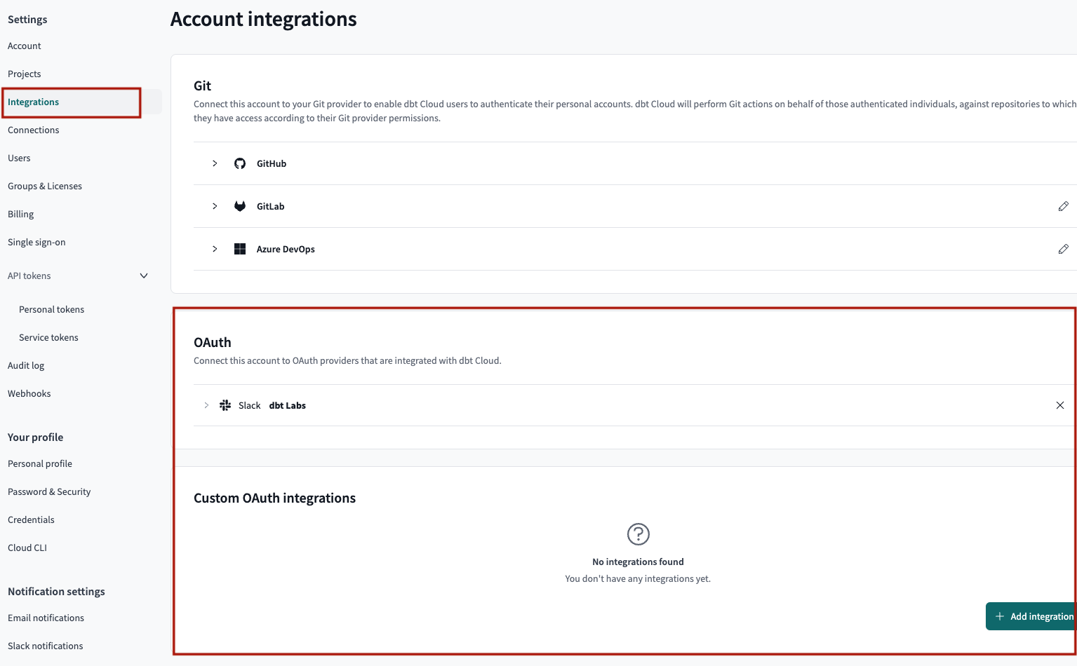 Example of the OAuth integration page